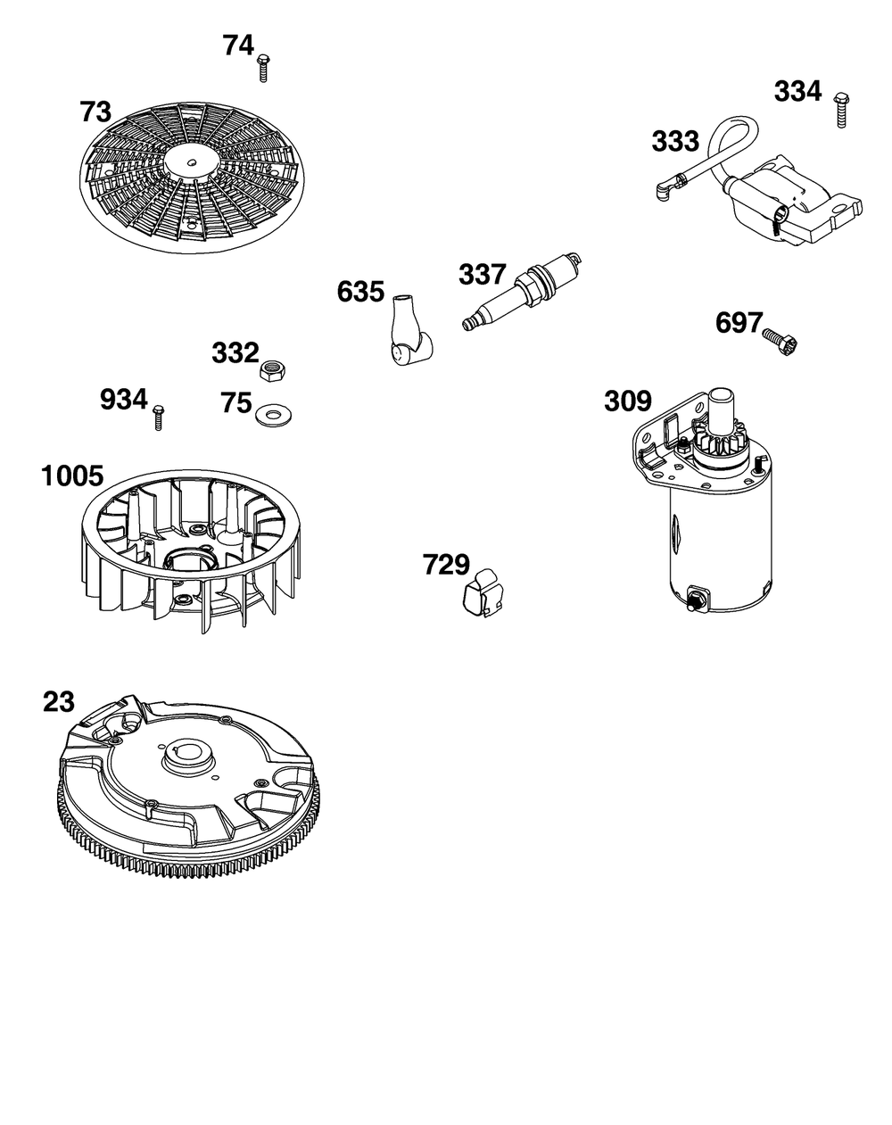 Flywheel, Ignition, And Starter Group Diagram and Parts List for 44U877-0045-G1  Briggs and Stratton Engine